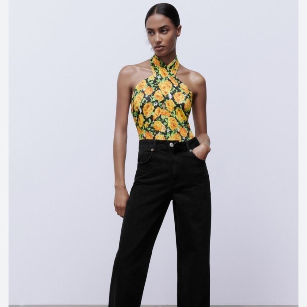 NWOT Zara floral bodysuit with crossover neckline size Small black yellow